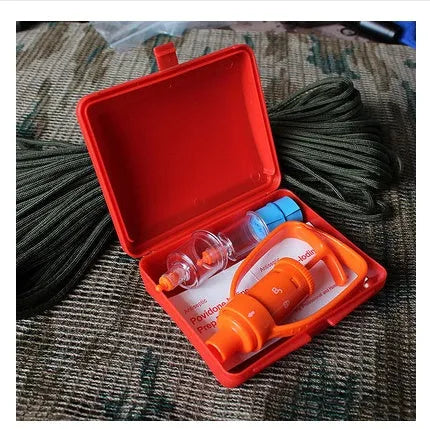 Orange venom suction device with two suction cup sizes, storage box and first aid components for outdoor emergency use
