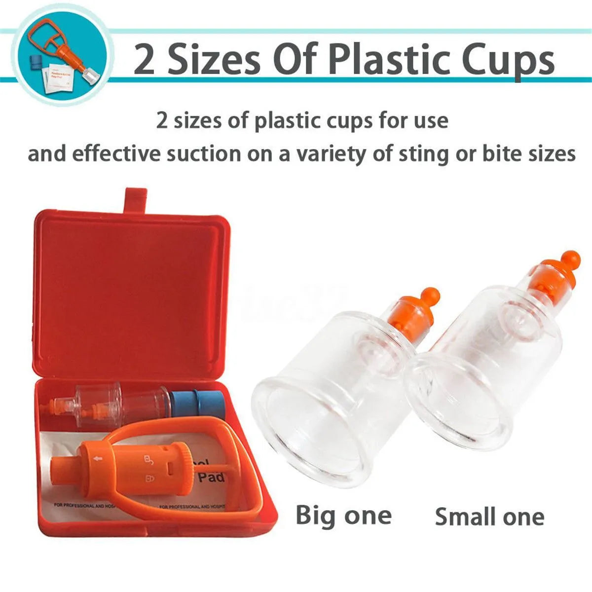 Orange venom suction device with two suction cup sizes, storage box and first aid components for outdoor emergency use