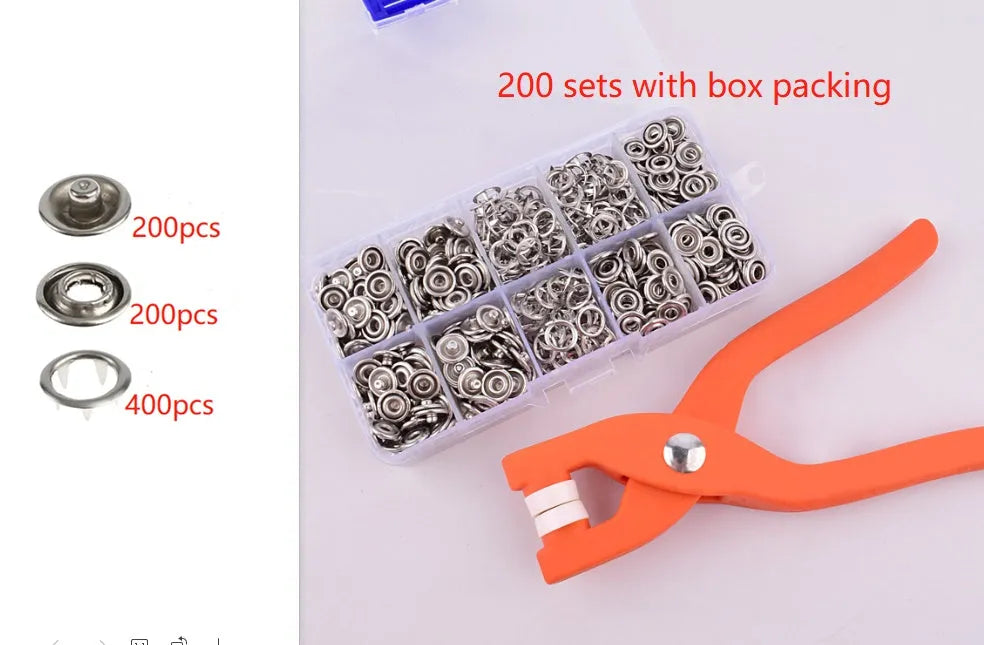 Five claw stainless steel no sew suit buttons for children's clothing, shown with plier tool.