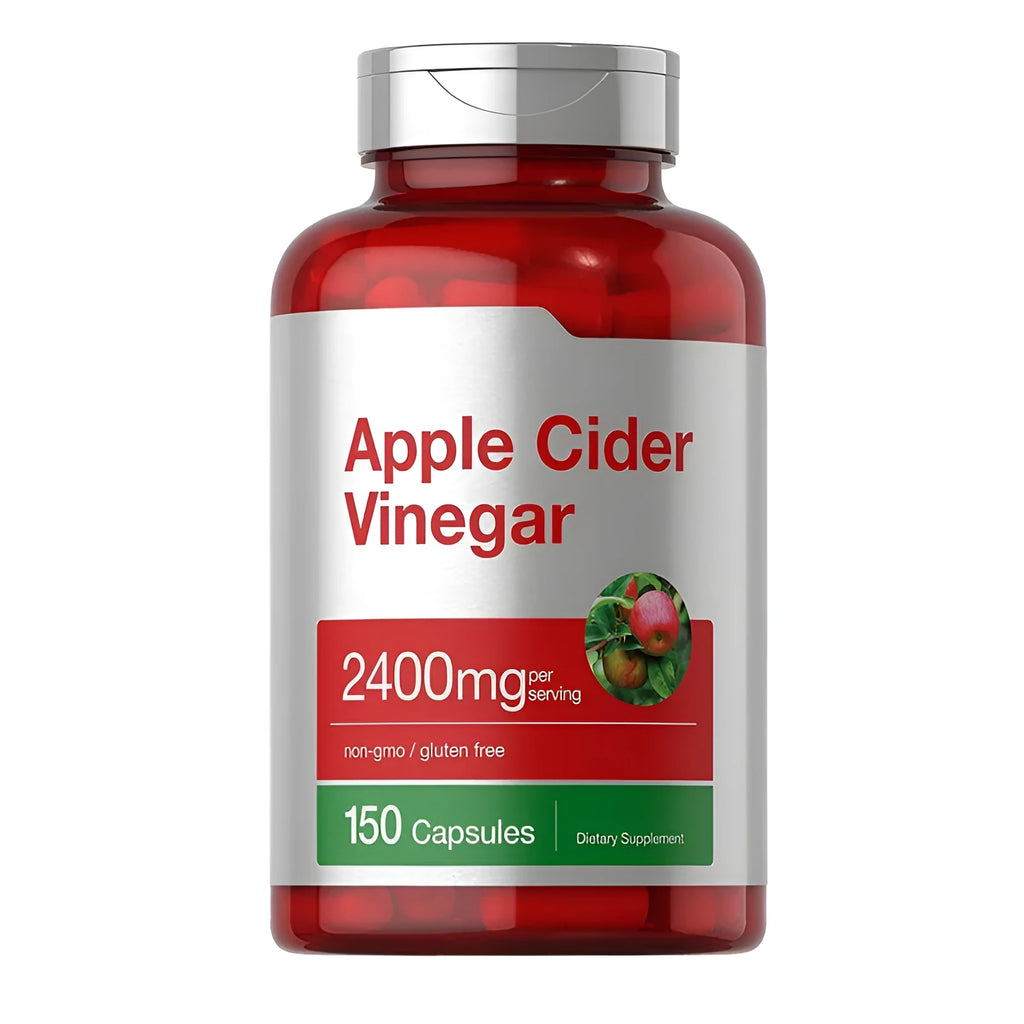 Bottle of apple cider vinegar capsules containing 150 tablets as dietary supplement
