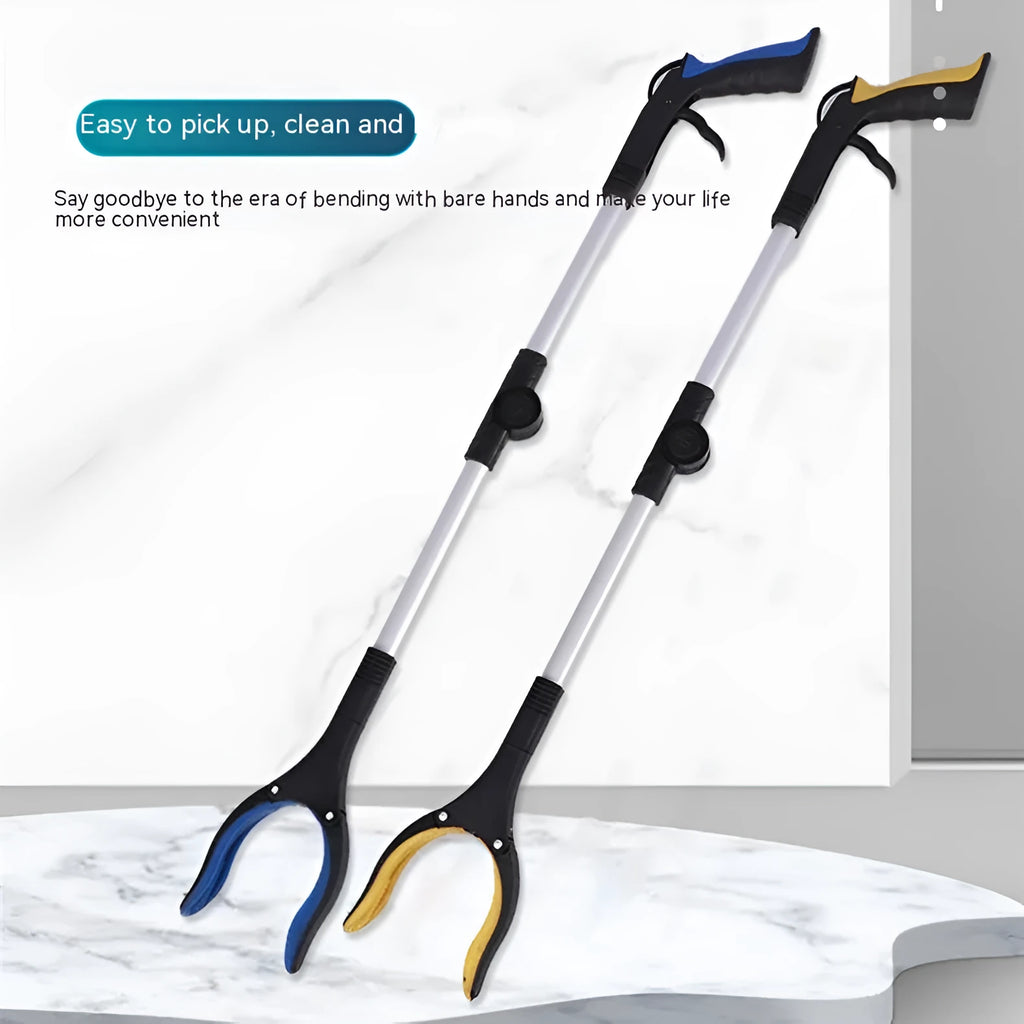 Silver folding aluminium garbage pick-up clamp with magnet and blue handle extended to 80cm.