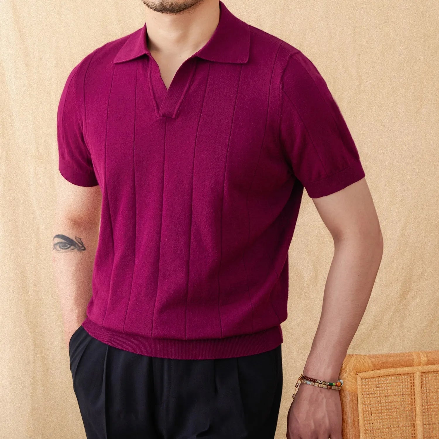 Purple cotton linen short sleeve polo shirt with sunken stripe knitted design and seagull collar