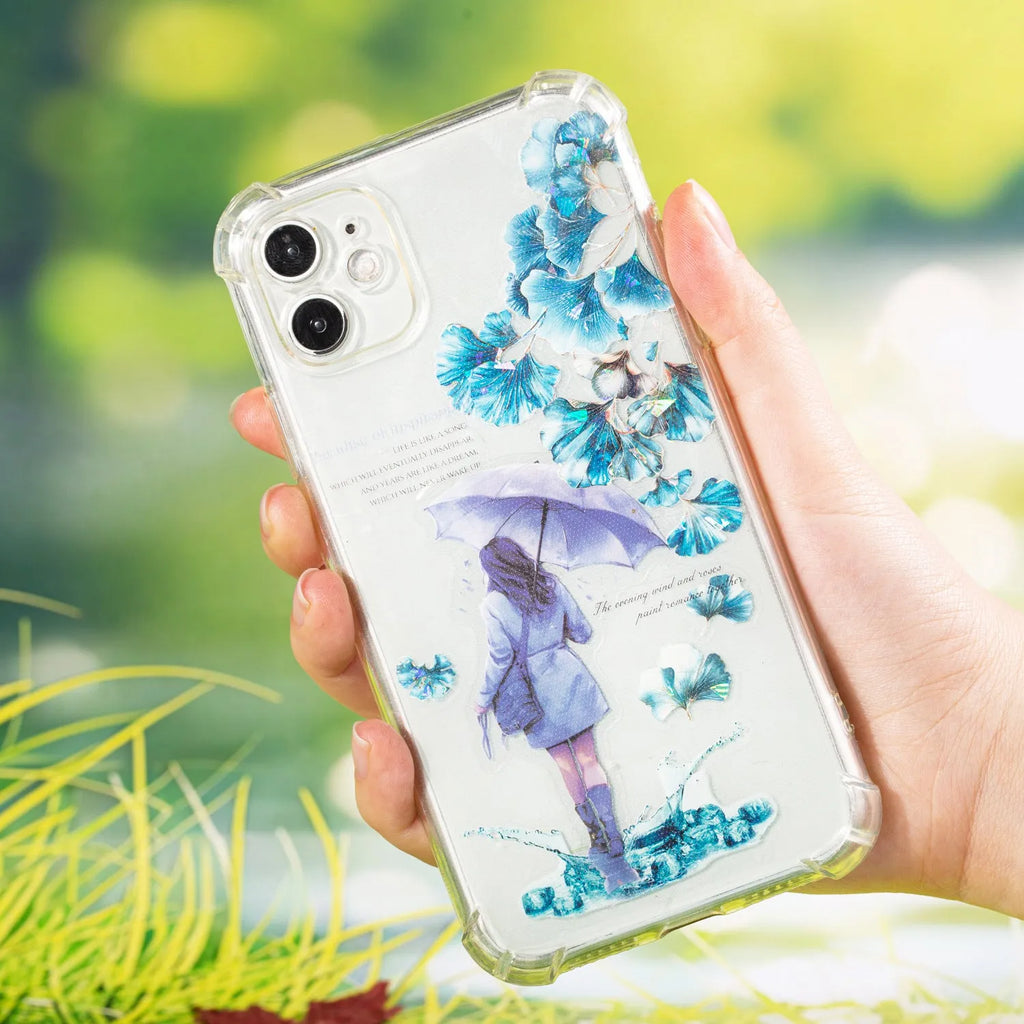 Roll of decorative leaf pattern stickers for hand account books showing six different natural designs including ginkgo and maple leaves