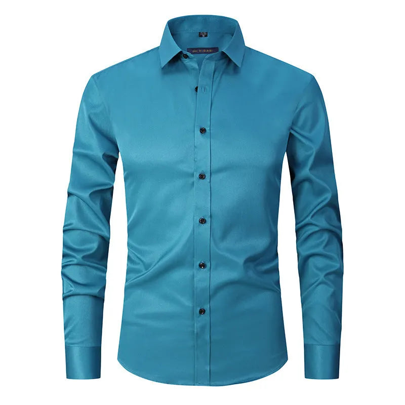 Men's long sleeve stretch work shirt in polyester fabric showing front view