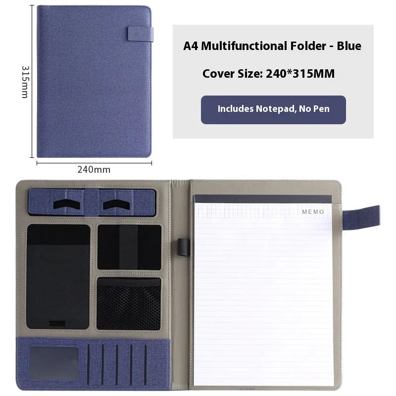 Leather A4 business folder in black, open to show interior with optional pen and notepad.