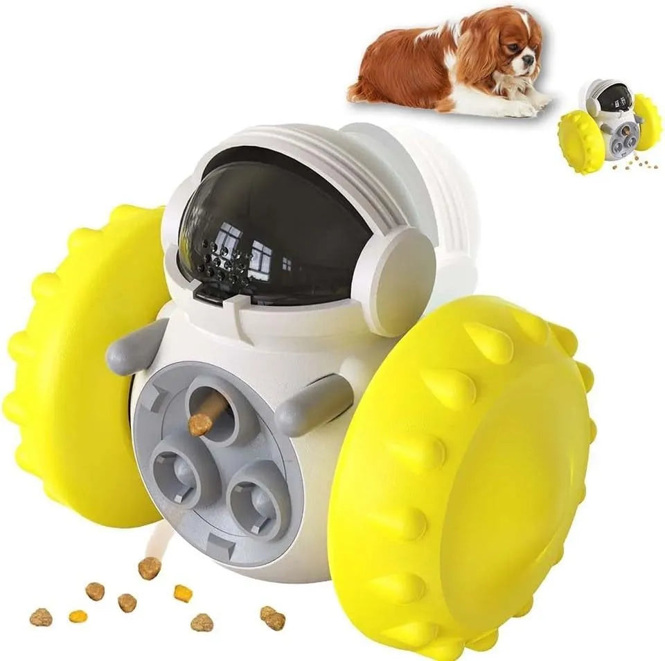 Small dog treat dispenser toy with robot appearance in five colour options showing dimensions