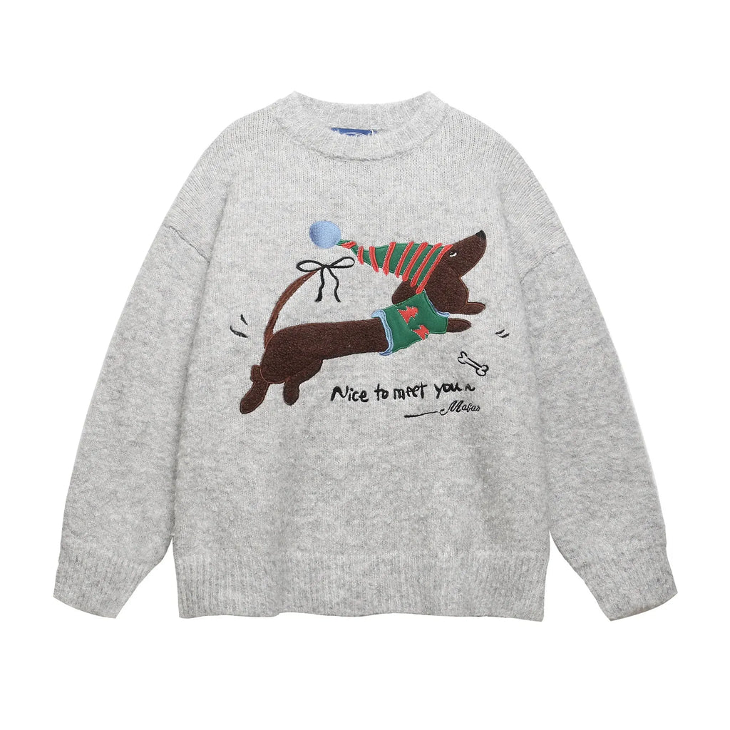 American retro Christmas hat puppy embroidery casual round neck sweater in Gray for teenagers