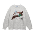 American retro Christmas hat puppy embroidery casual round neck sweater in Gray for teenagers