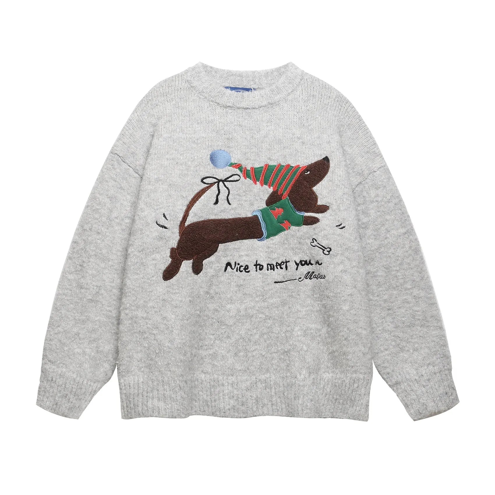 American retro Christmas hat puppy embroidery casual round neck sweater in Gray for teenagers