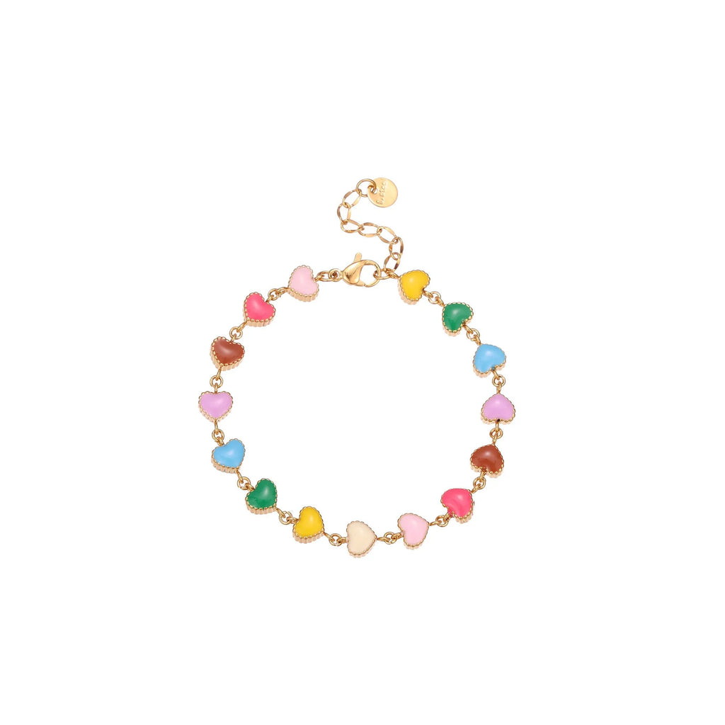 Women's titanium steel bracelet with love heart charm and colourful oil necklace pendant in gold and steel finishes