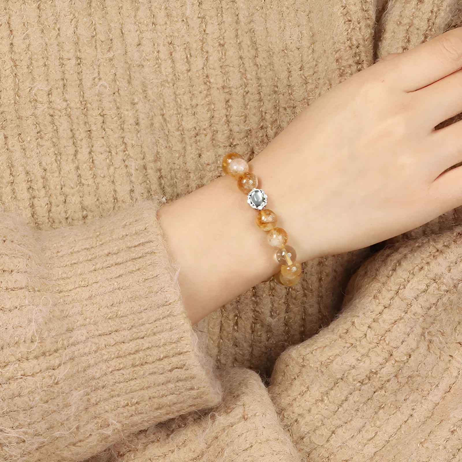 Citrine crystal geometric bracelet with 10mm beads and grinding treatment surfaces