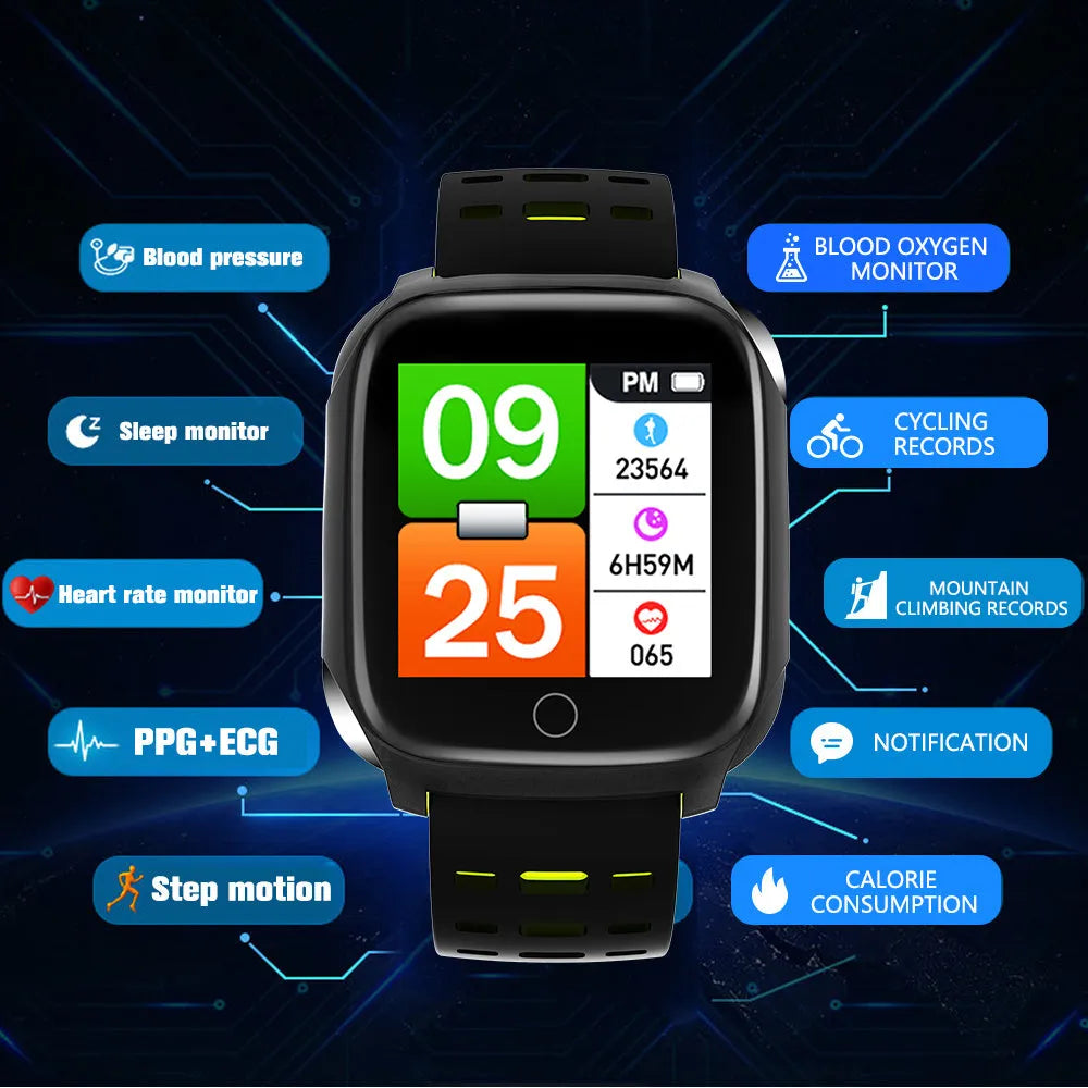 F16 Smart Watch with ECG monitor on wrist, showing black grey colour option with IPS touch screen.
