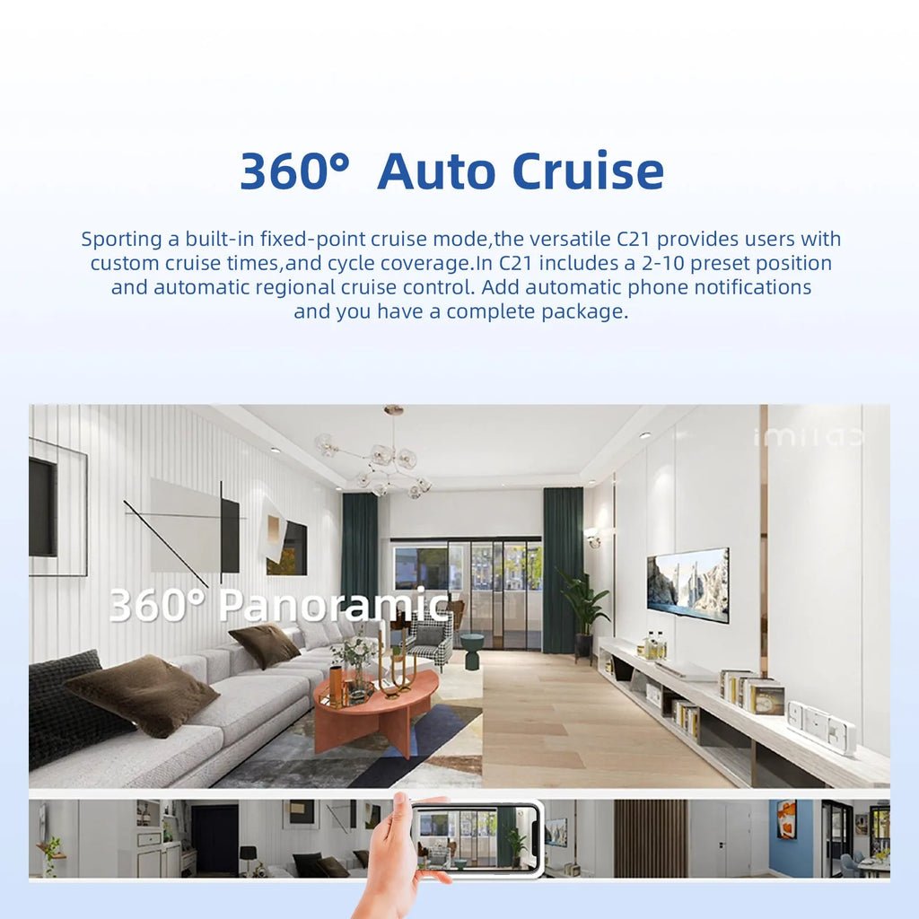 IMILAB C21 white indoor security camera with 2.5K resolution and 360 degree view on a shelf