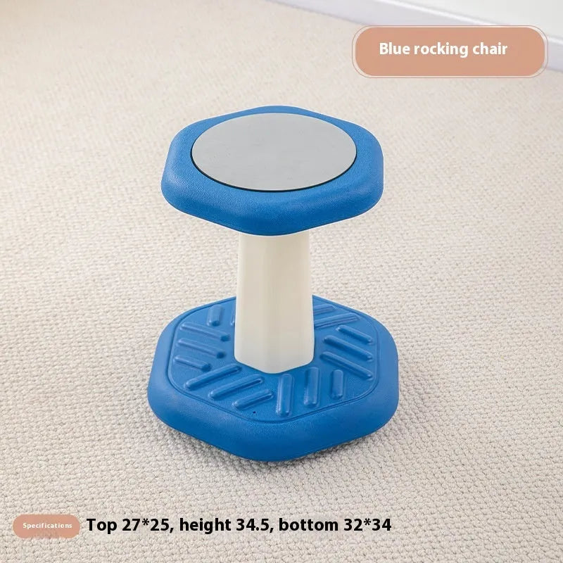 Children's multi-action plastic rocking stool available in black, blue, green, pink, purple, and red for balance training.