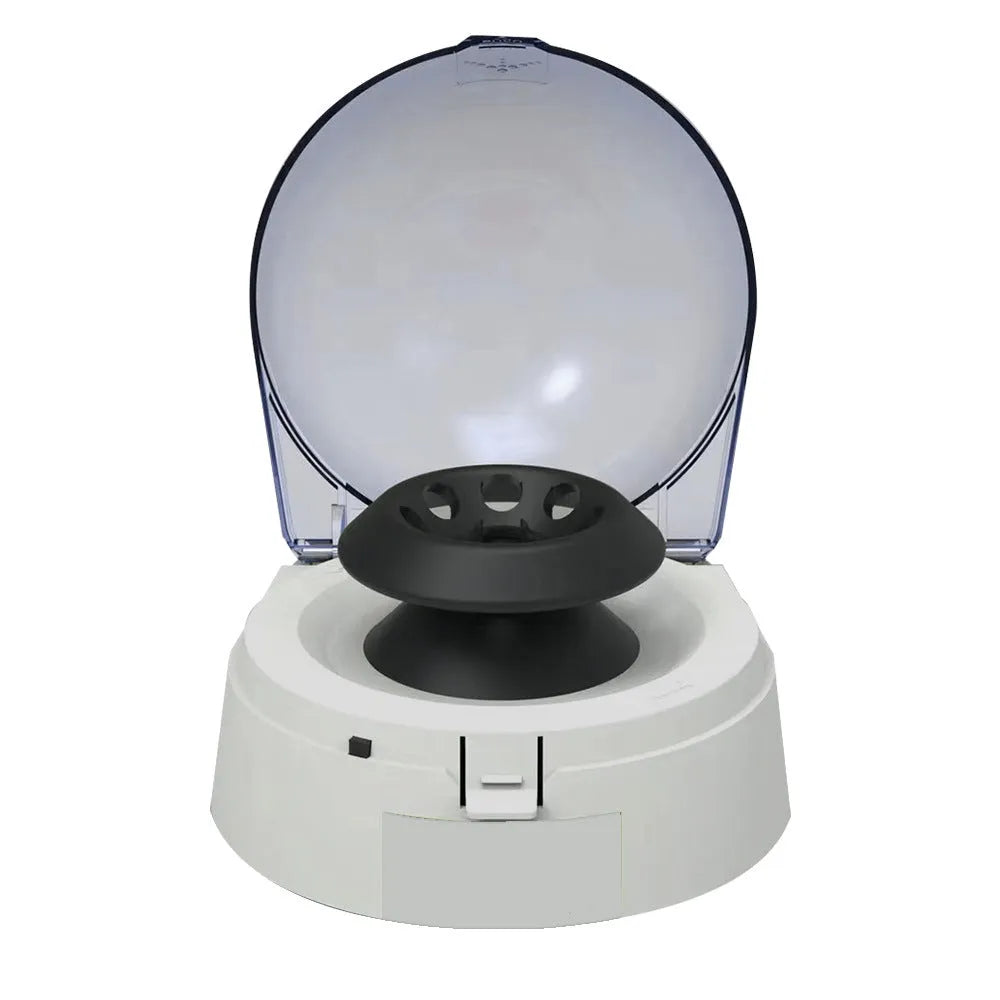 Small white benchtop mini centrifuge laboratory equipment with digital display
