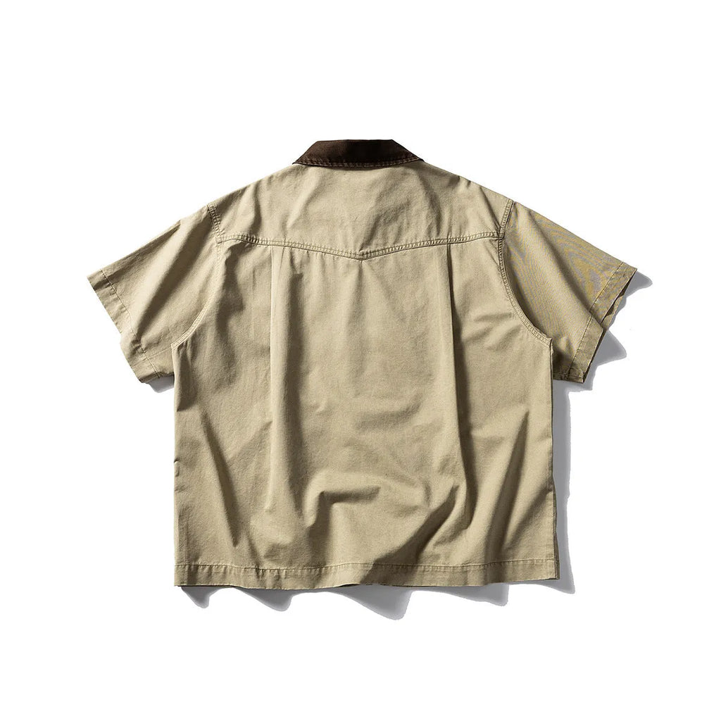 Mens loose fit cotton cardigan with short sleeves in grey or khaki colours, washed overalls style
