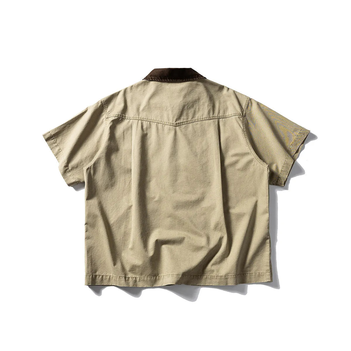 Mens loose fit cotton cardigan with short sleeves in grey or khaki colours, washed overalls style