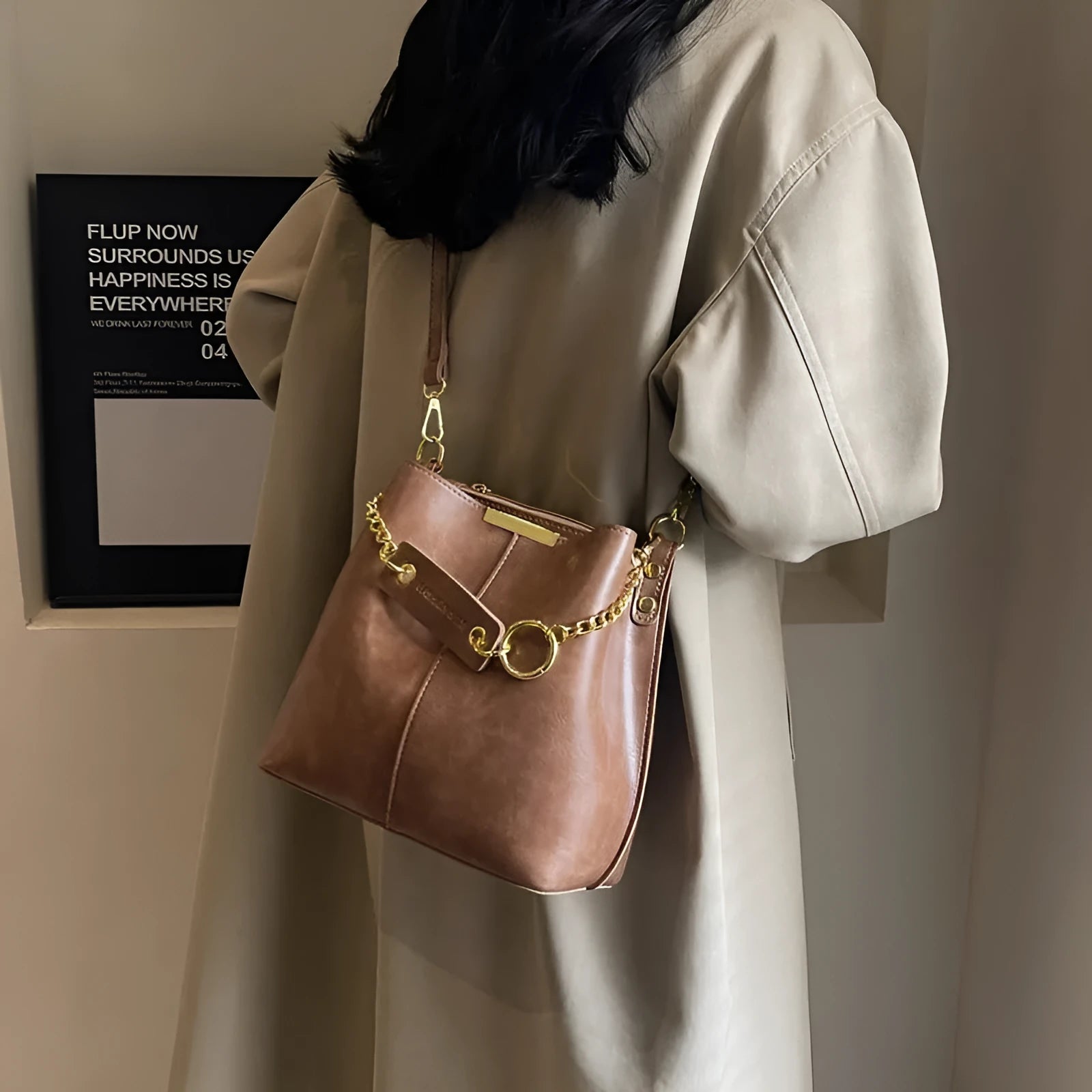 Large capacity PU shoulder bag with wide strap in black colour, sewing thread detail, crossbody style
