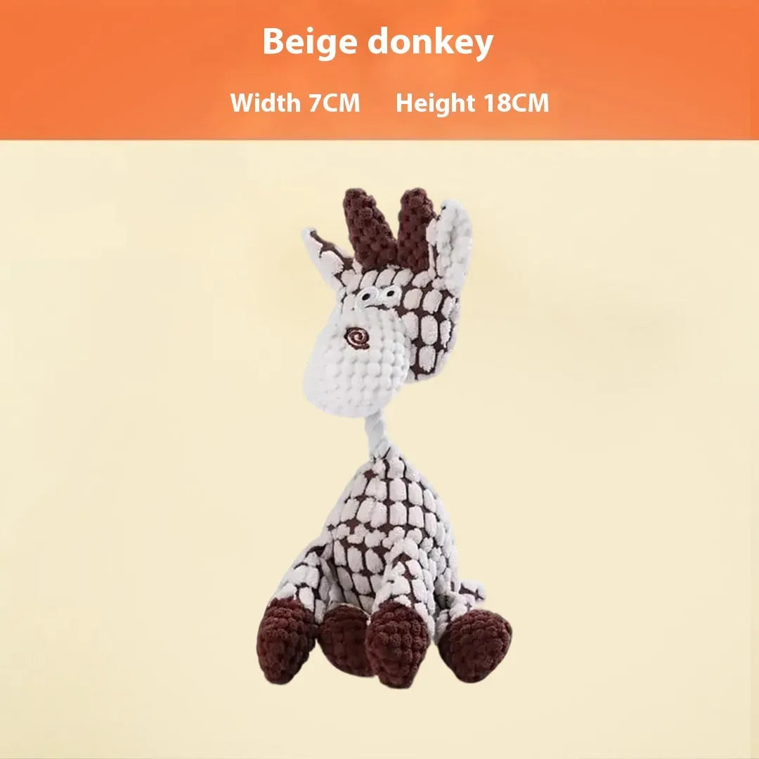 Selection of plush pet toys including donkey, rechargeable duck, elephant and dog styles