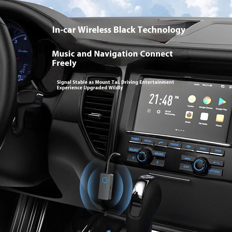 Black Bluetooth 5.4 audio adapter with flexible 3.5mm plug for wireless connectivity.