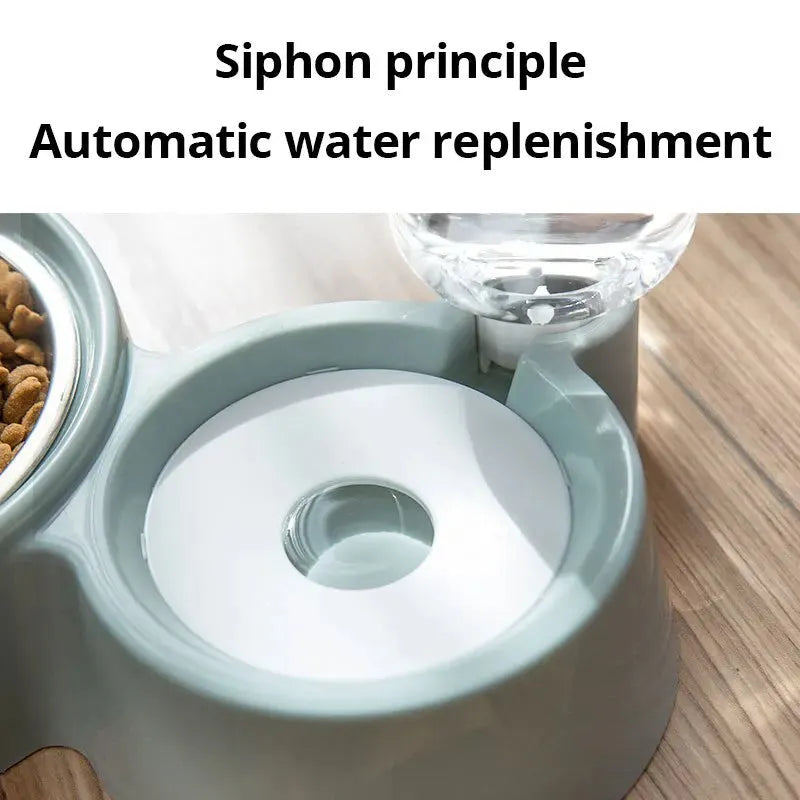 Blue automatic gravity pet food and water feeder bowl with stainless steel interior for cats and dogs