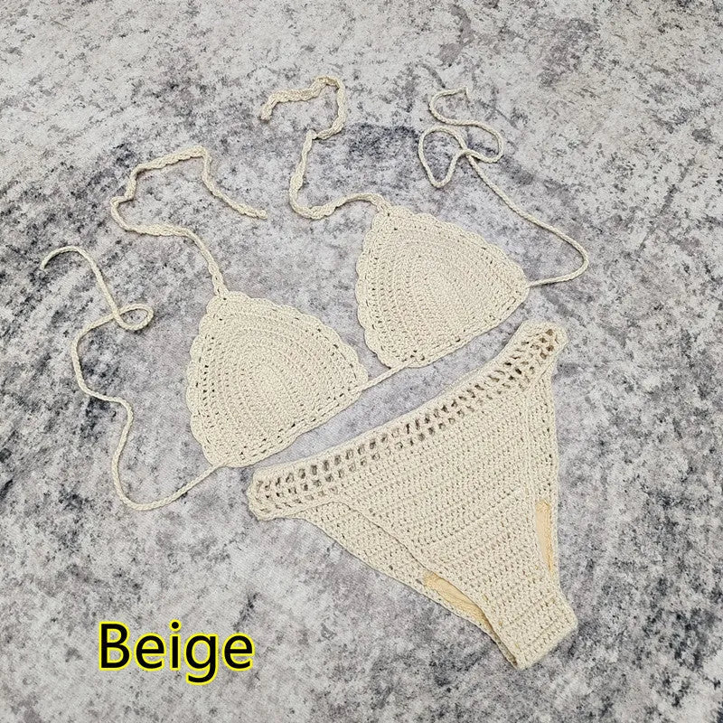 Women's three-piece bikini set with handmade crochet beach skirt in acrylic fabric