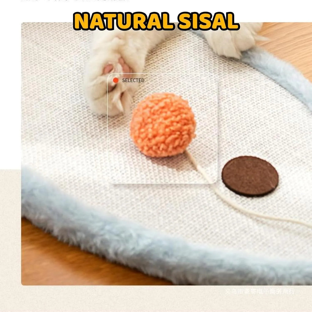 White wall mounted cat scratching mat with cartoon cat design made from natural sisal fabric