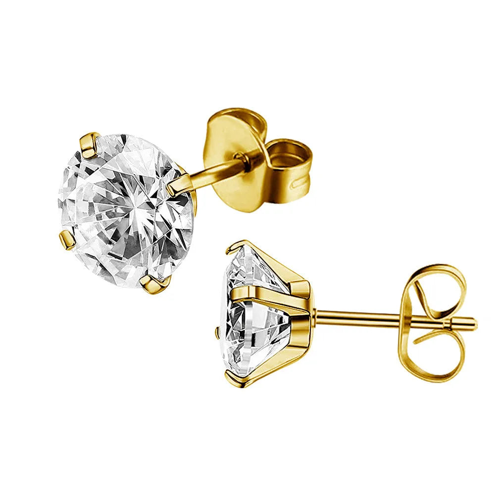 Square geometric titanium steel stud earrings with round zircon accents in gold or steel colour finishes