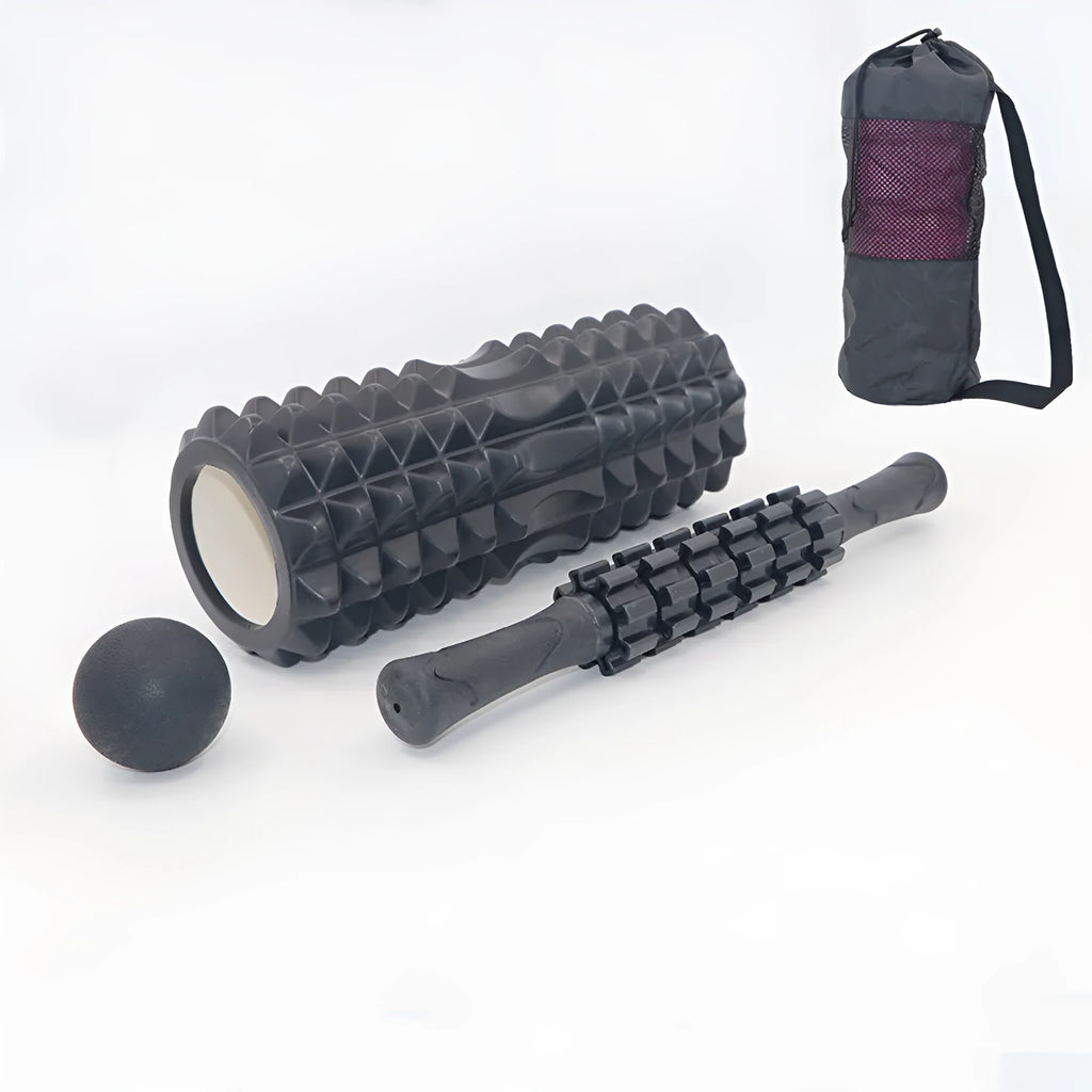 33cm black fitness foam roller with six-piece segmented construction for massage therapy