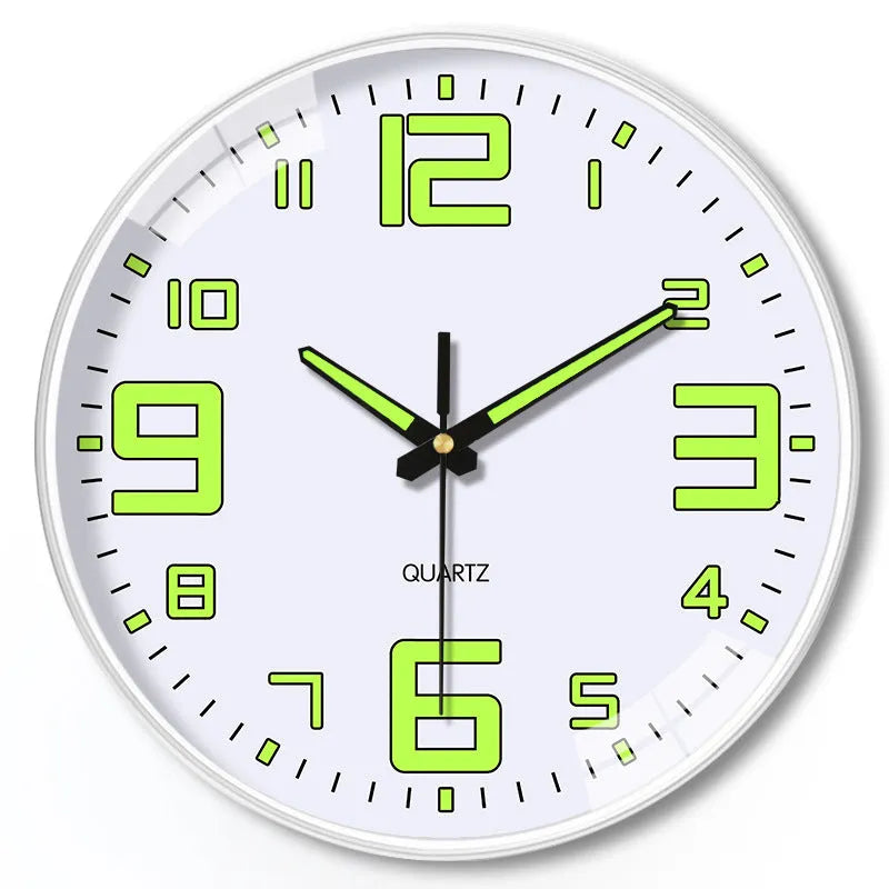 Modern 8 inch luminous wall clock with plastic shell, shown in available colours.
