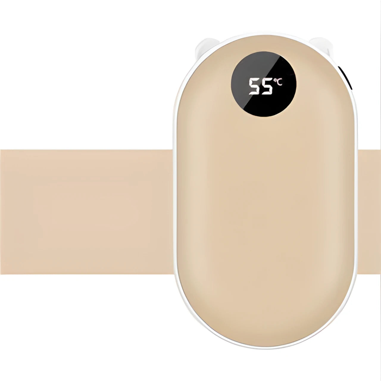 Rechargeable mini hand warmer and power bank device showing compact design with USB port and digital display
