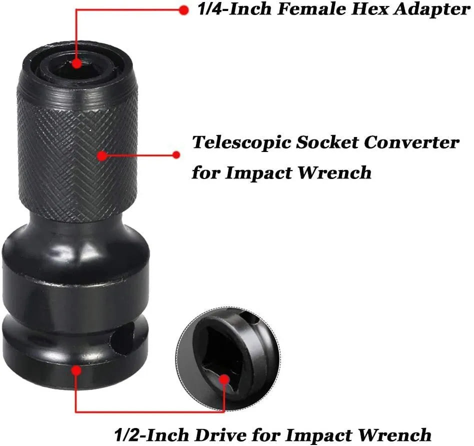 Scaling bit holder with telescopic sleeve for converting between 1/2-inch and 1/4-inch drive sizes