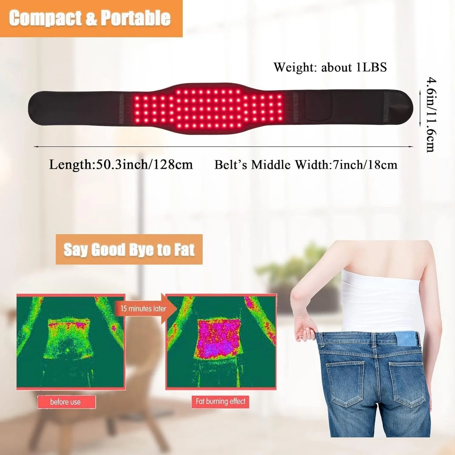 Black red light infrared physical therapy belt for waist pain relief with 12V operation