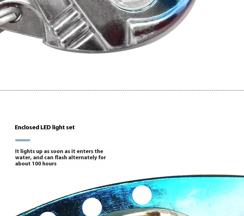 Electronic metal vib fishing lure with luminous elements in blue and red body colours