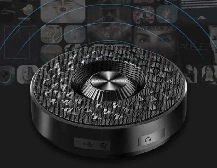 Compact mini Bluetooth wireless speaker shown in black, orange, and silvery white colour options.
