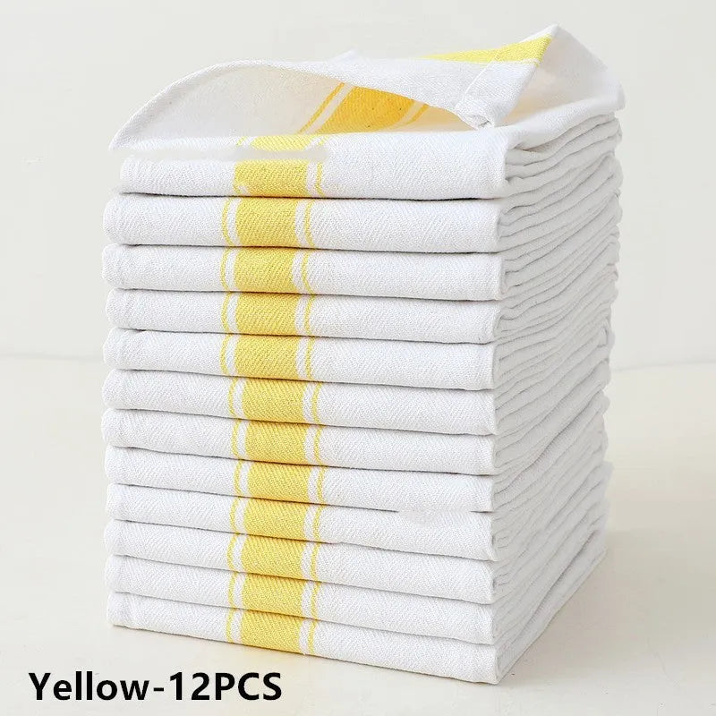 Cotton striped dishwashing towels measuring 48x70 cm in a 12-pack set showing colour variations