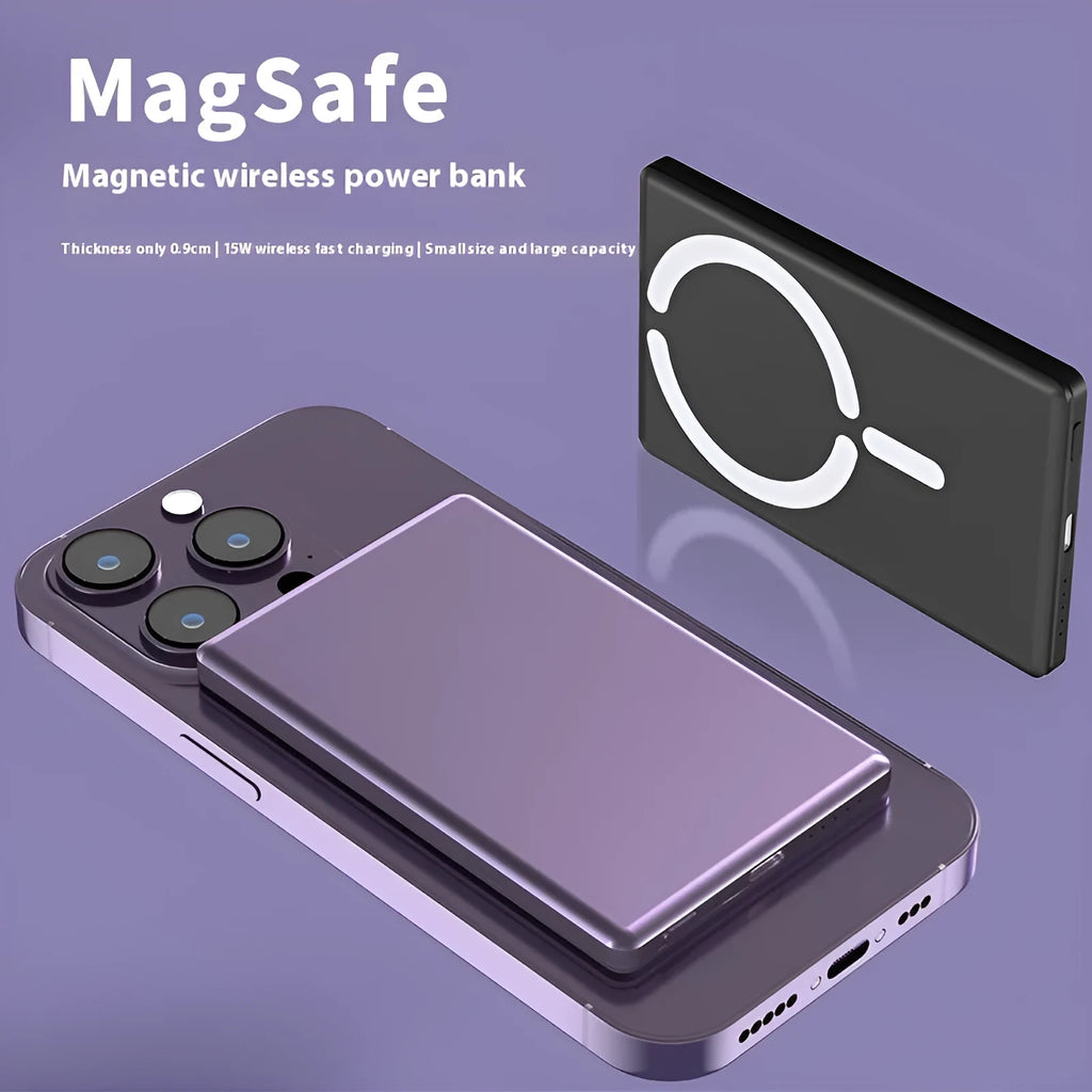 Ultra-thin magnetic power bank in dark grey, silver, black or violet with alloy shell