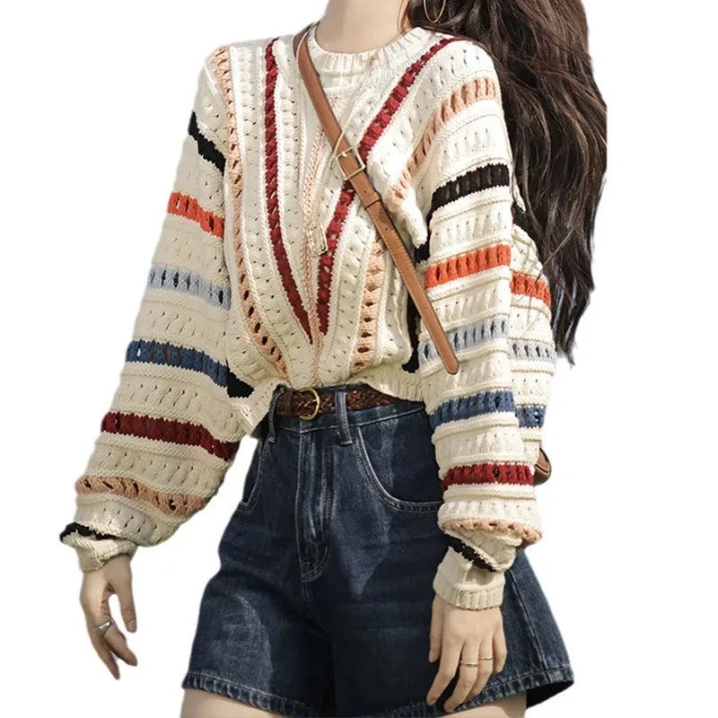 Rainbow striped hollow knit jumper with batwing sleeves and round neck
