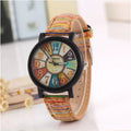 Women's vintage casual quartz watch with brown leather strap and 37mm round silver dial