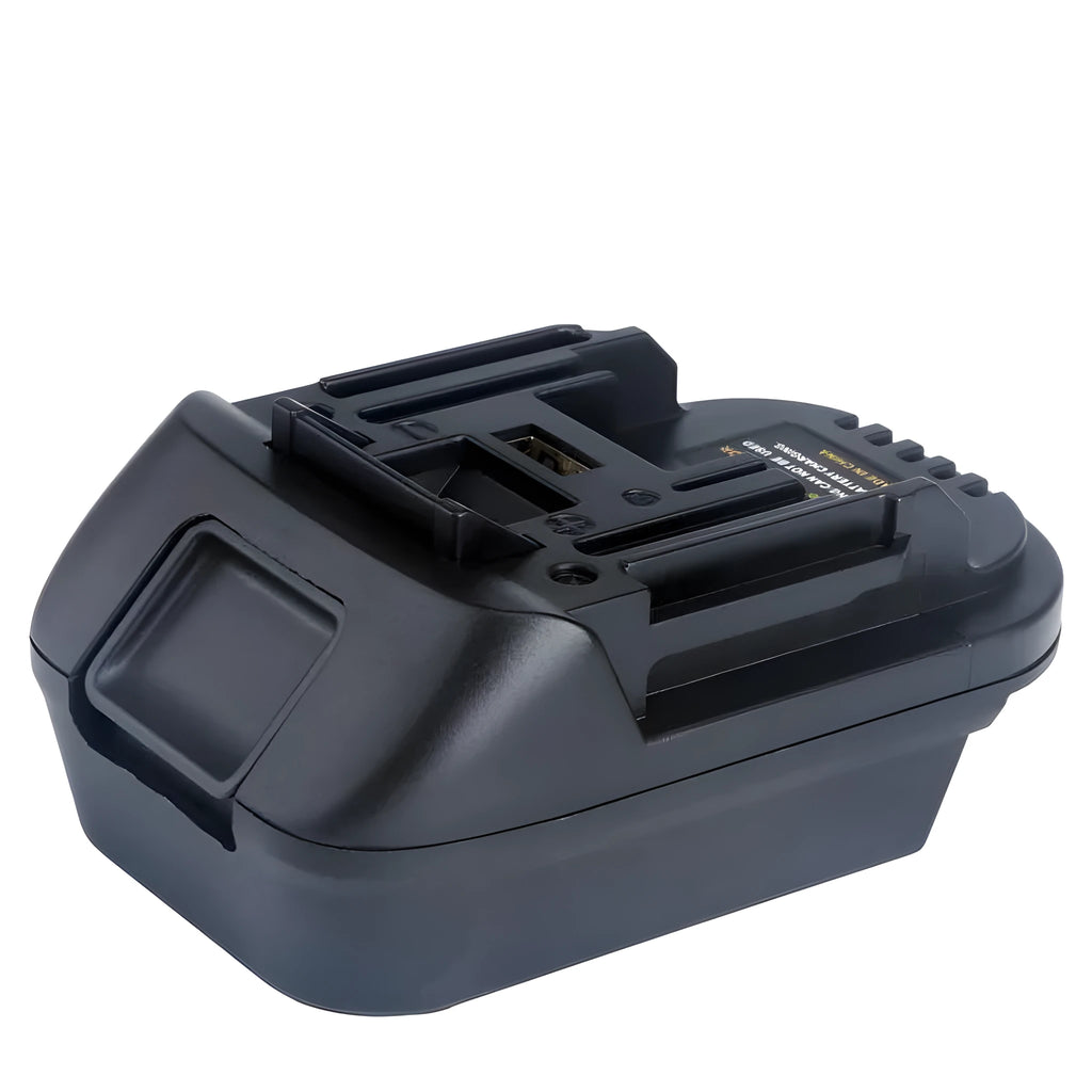 Black plastic battery adapter connecting Milwaukee DM18M tools to Makita H99F battery packs