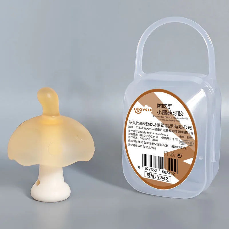Small mushroom-shaped chewing gum in pink or nano colour with transparent box and optional chain.