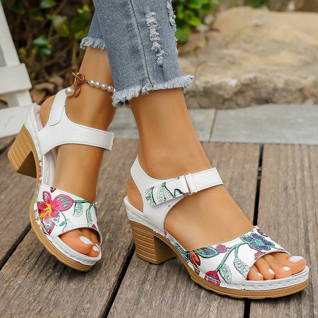 White women's high heel sandals with velcro ankle strap and rubber sole