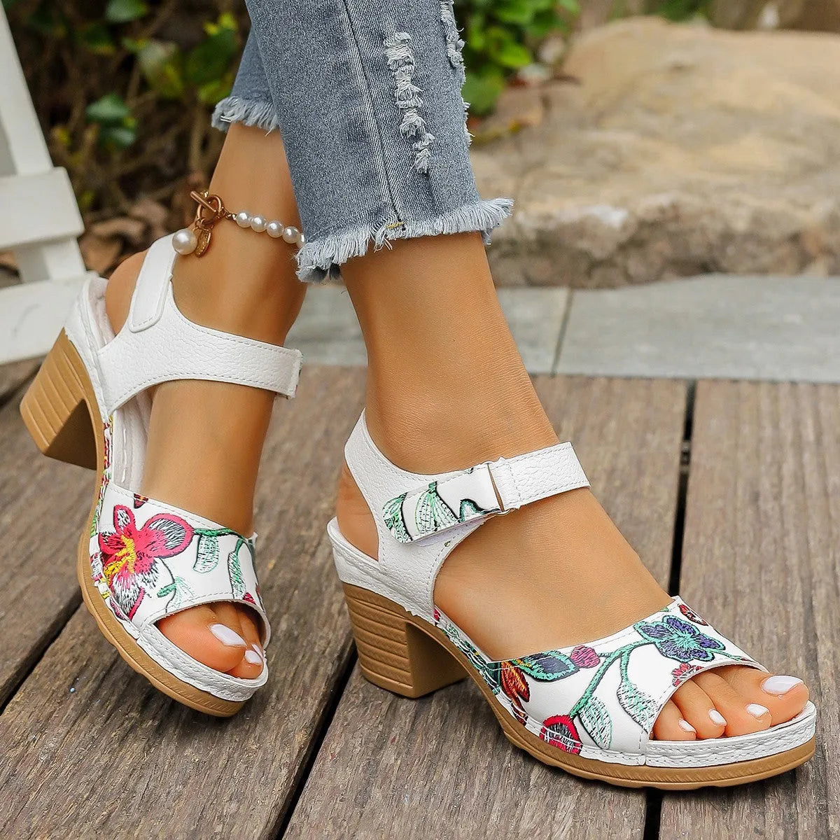 White women's high heel sandals with velcro ankle strap and rubber sole