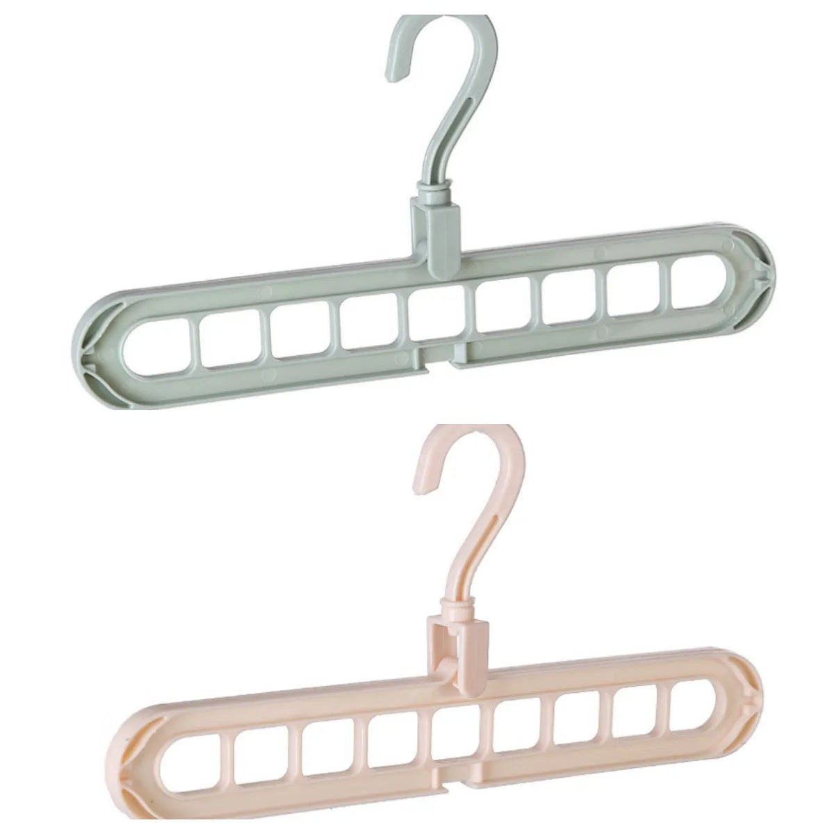 Plastic clothes storage hanger with rotating hook, shown in available colours.