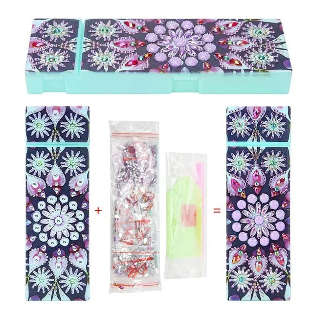 DIY diamond painting pencil case kit with PU leather wrist bag, resin drill bits, and diamond chips, 10 colour options, 200x150x10mm