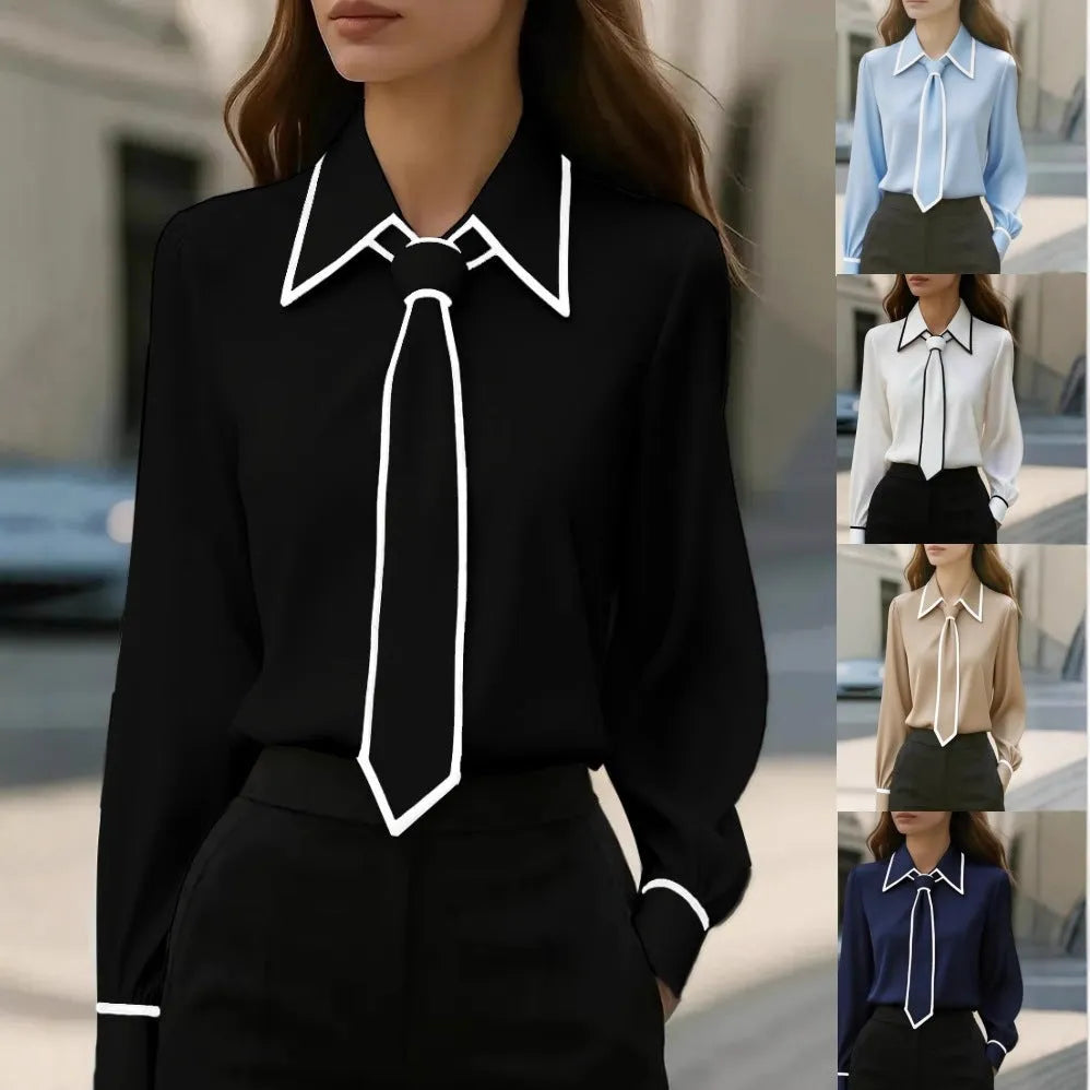 Women's solid colour satin polyester tie front long sleeve pullover shirt in khaki, front view