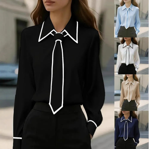 Women's solid colour satin polyester tie front long sleeve pullover shirt in khaki, front view