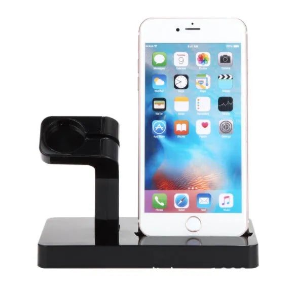 White 2-in-1 desktop charging dock holding an iPhone and an Apple Watch