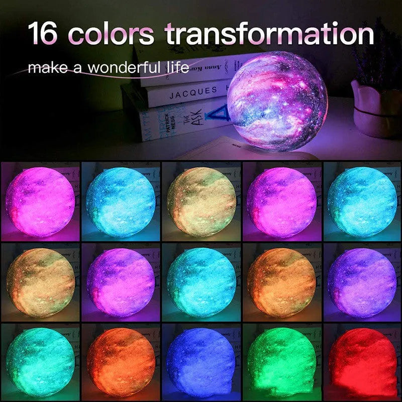 3D printed moon lamp with USB charging and remote control showing 16 colour options, PVC shade, 12-20cm sizes
