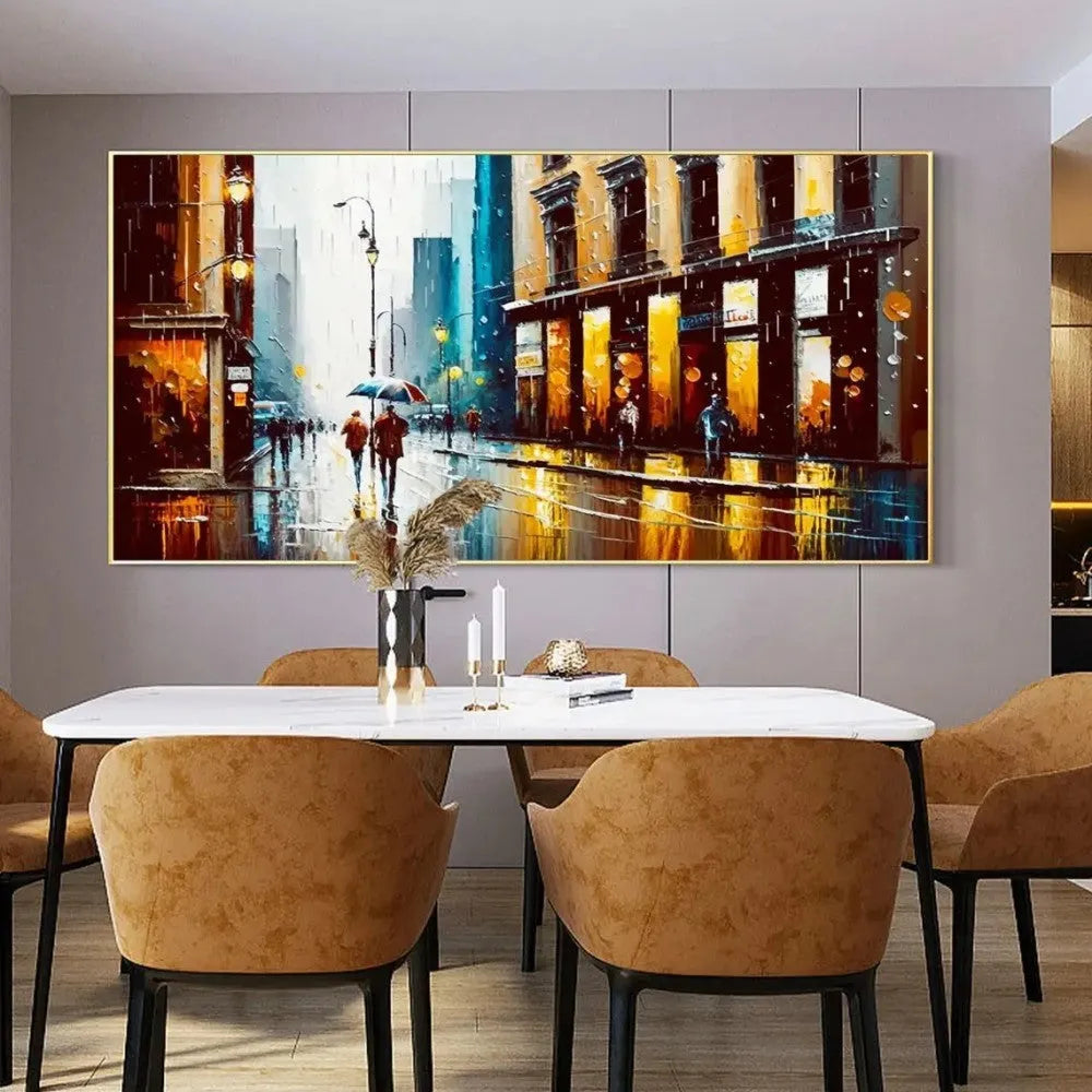 Handmade oil painting canvas wall art, modern abstract urban architectural street scene, horizontal rolled frameless unstretched painting